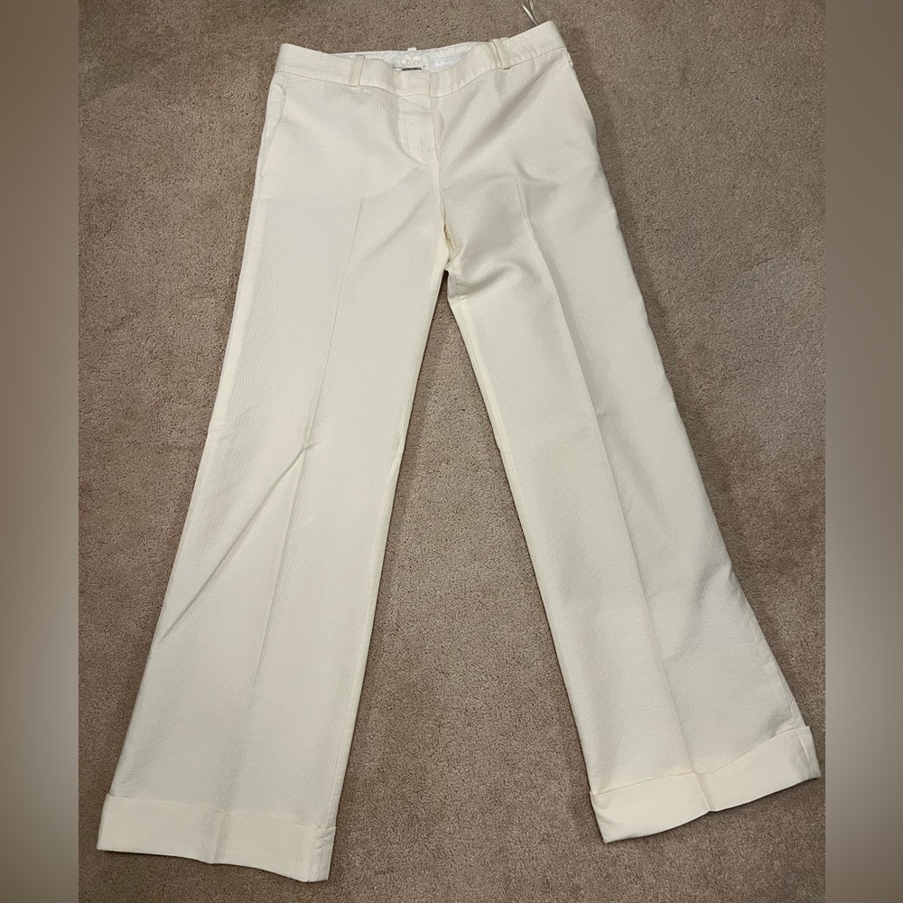 Chloe white ribbed, wide legged cuffed pants Sz T42 (US size 10)
